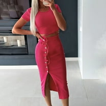 Edvintorg 2 Piece Sets Womens Outfits Elegant Skirt Set Women's Summer Suit Fashion Solid Color Short Sleeve Crop Tops and Skirt Casual Party Suit Wine S