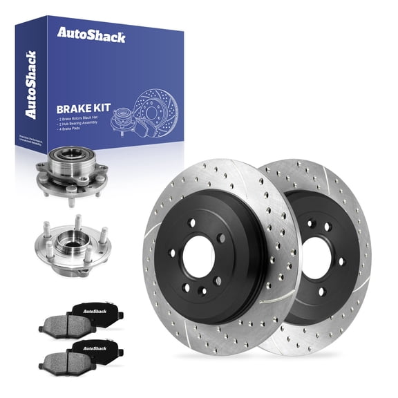 AutoShack Rear Solid Drilled & Slotted E-Coated Brake Rotors   Ceramic Pads   Hub Bearing Assembly 8-PC Brake Kit Replacement for 2011-2019 Ford Explorer ShadowGuard 12.99" (330 mm)