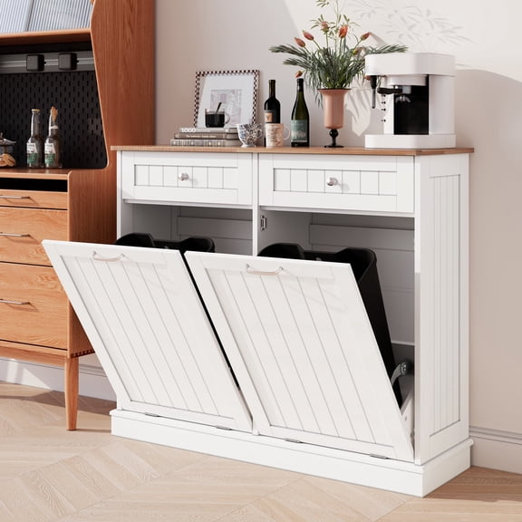 AHB Double Tilt Out Trash Cabinet with Drawers and Handles, Fits Two 13 Gallon Trash Bins, Kitchen Trash Can Storage Organizer, 40"L x 13"W x 36"H, White/Light Brown Top