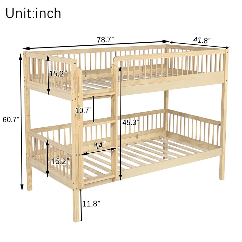 Twin-Over-Twin Size Convertible Kids Bunk Bed into 2 Platform Beds, Teens Wood Bed Frame with Ladder and Safety Guardrails