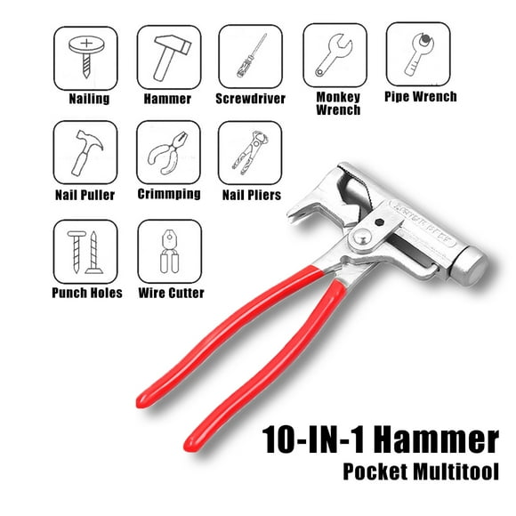 TFixol 10-in-1 Hammer Pocket Multitool Multifunctional Pliers Multiuse Tool with Carpenter Hammer Screwdriver Nail Pliers/Puller Pipe Monkey Wrench Wire Cutter for Camping Emergencies