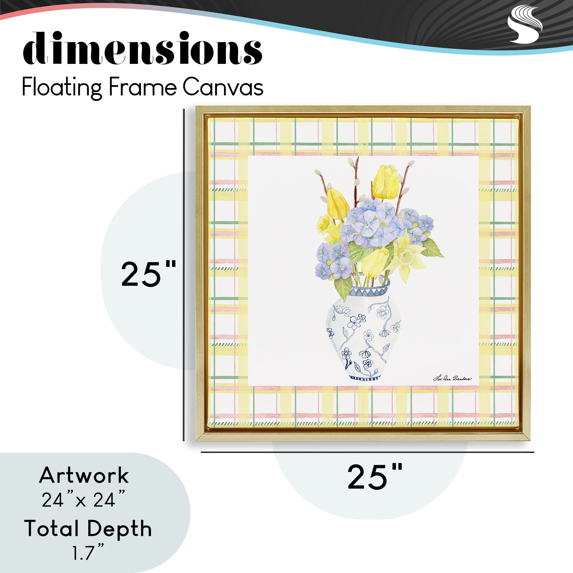 Spring Vase on Yellow Plaid Gold Framed Floater Canvas Wall Art, design by Lee Ann Sanders