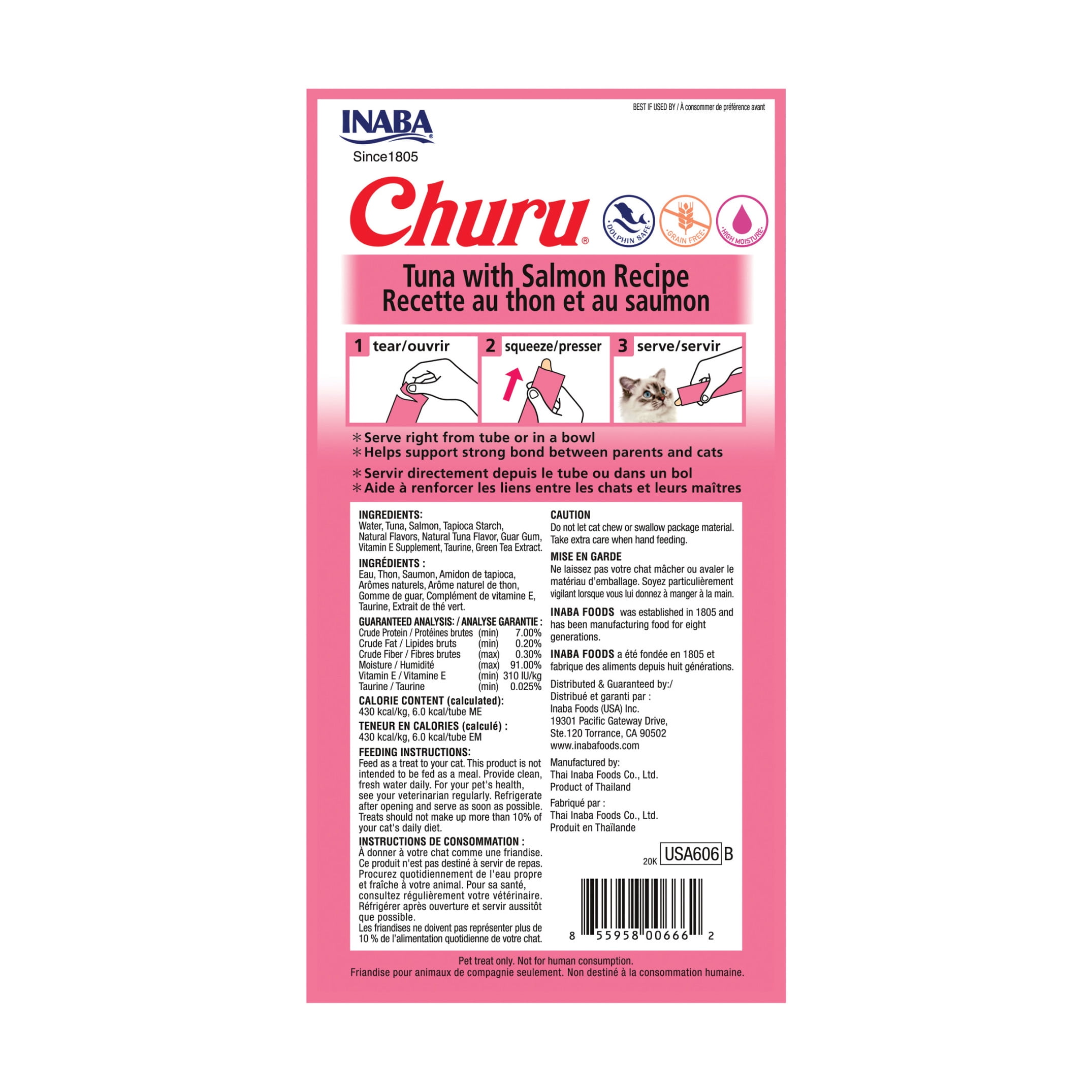 INABA Churu Creamy, Lickable Purée Cat Treat w Taurine, 0.5 oz, 24 Tubes, Tuna with Salmon Recipe