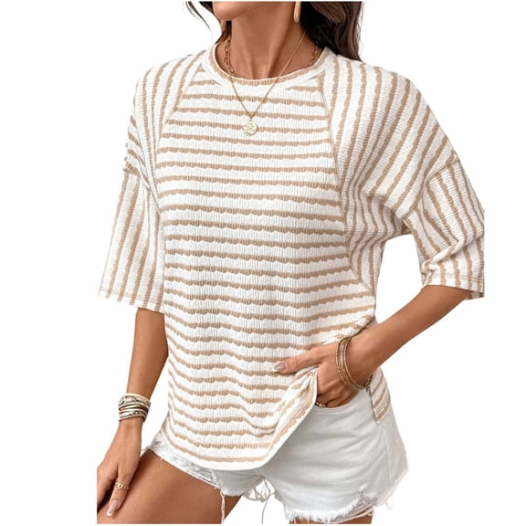 Guluxicc Womens Summer Tops Oversized Tshirts for Women Striped Color Block Short Sleeve T Shirts Crewneck Casual Tee Blouses