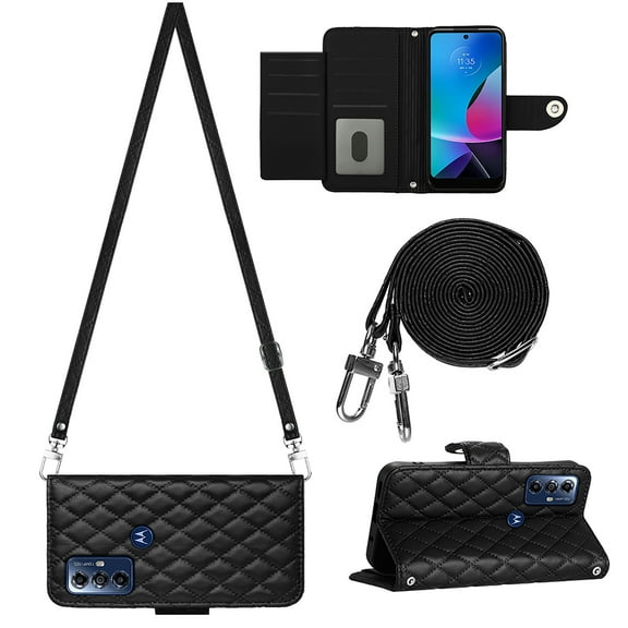 Allytech Wallet Case for Motorola Moto G Play (2023) with Card Cash Slots, Luxury Premium PU Leather Kickstand Shoulder Strap Lanyard Shockproof Anti-Fall Full Body Protective Flip Shell - Black