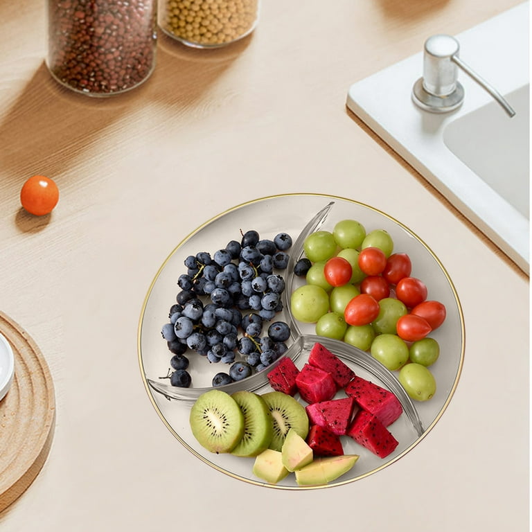 3-Compartment Plastic Serving Tray White Fruit Snack Platter with Dividers 10X10 Inch Refreshment Tray for Coffee Table Party Living Room