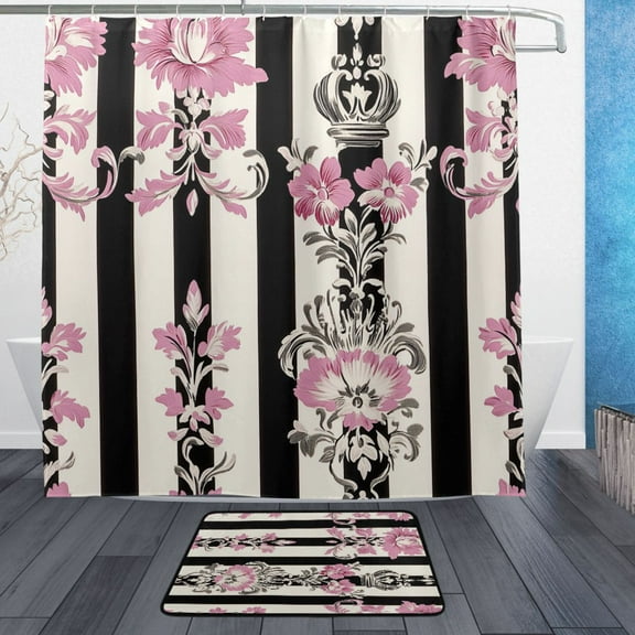 BZSMCE Shower Curtain and Bath Accessory Set,Floral Pink Black Damask Pattern
