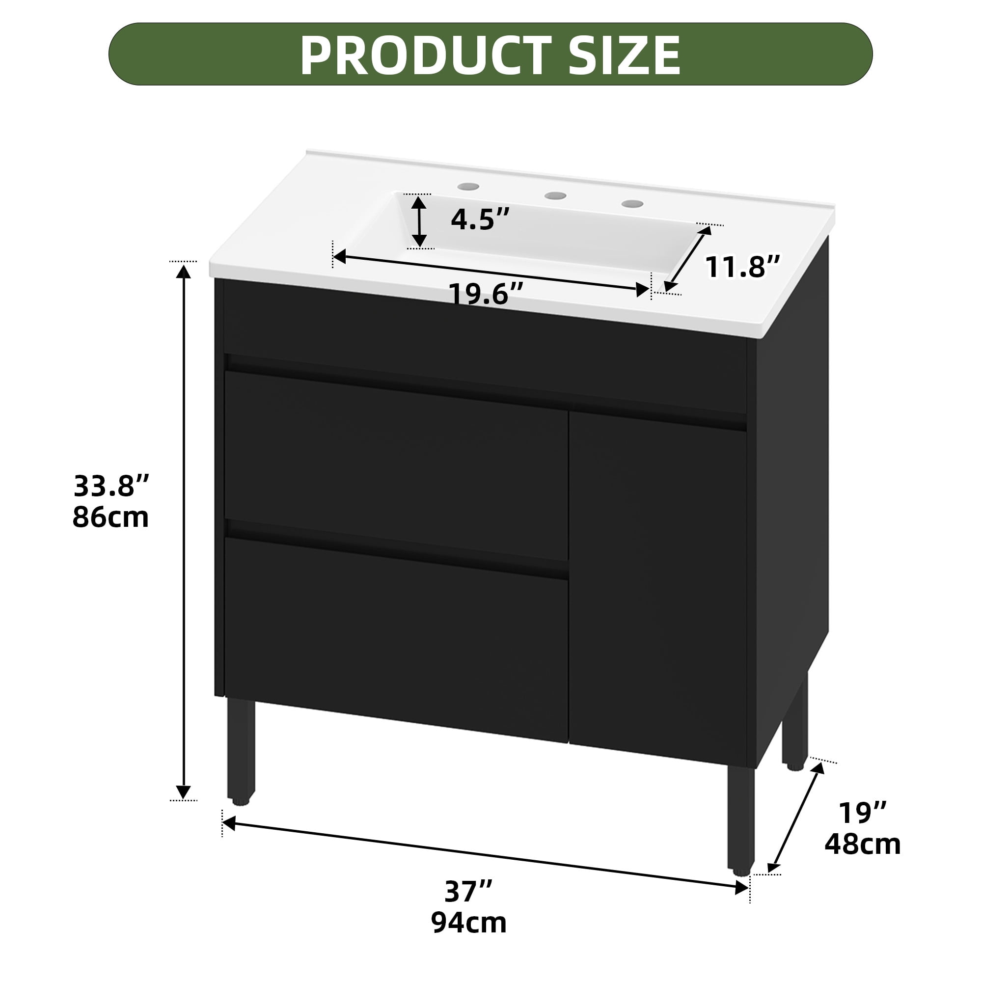Uforic 37" Bathroom Vanity with Top Sink, Modern Free Standing Bathroom Storage Cabinet with Soft Close Door, Black