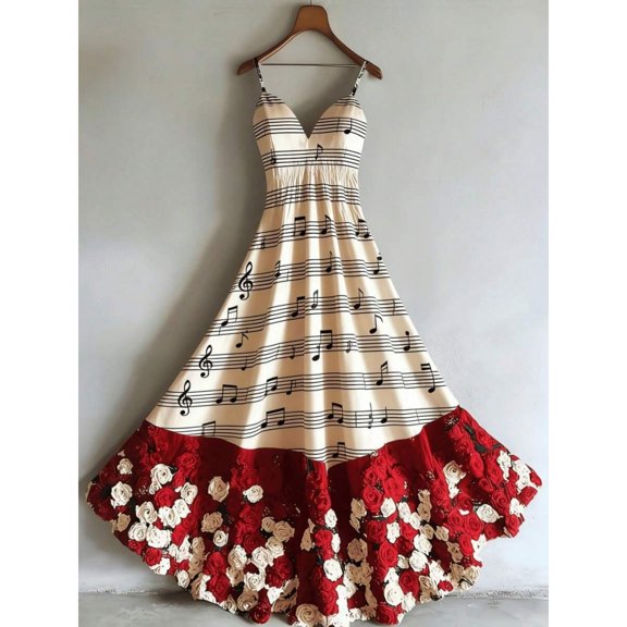 Multicolor Womens Music Note And 3D Rose Print V-Neck Sleeveless Slip Dress With High-Low Hem
