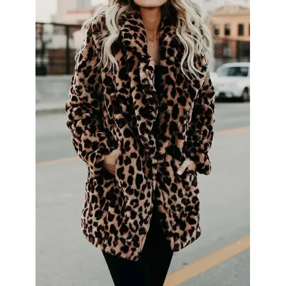 Manteau en Fausse Fourrure Léopard d'Automne Femme Long Manteau d'Hiver Femme Chaud Veste en Fourrure pour Dames Manteau en Peluche Teddy pour Femme Manteau Extérieur FGS