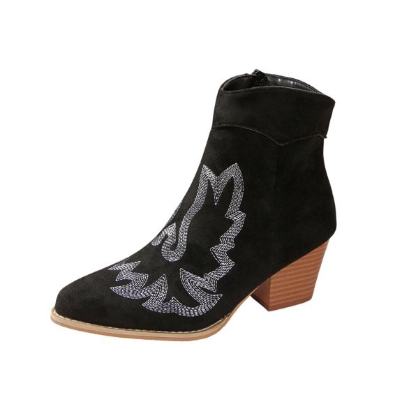 Xfvqtps Womens Ethnic Style Ankle Boots Western Cowboy Boots Embroidery Design Chunky Heel Pull on Boots for Winter Casual Outfit