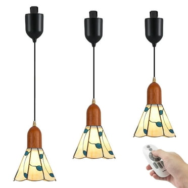FSLiving Adjustable Height J-Type Track Lighting Freehand Blue Leaves Glass 4Ft Vintage Style,Smart Edison Bulbs,2200K-6500K Track Mount Pendant Light Timer for Dinning Table (Walnut Wood) - 3 Lights