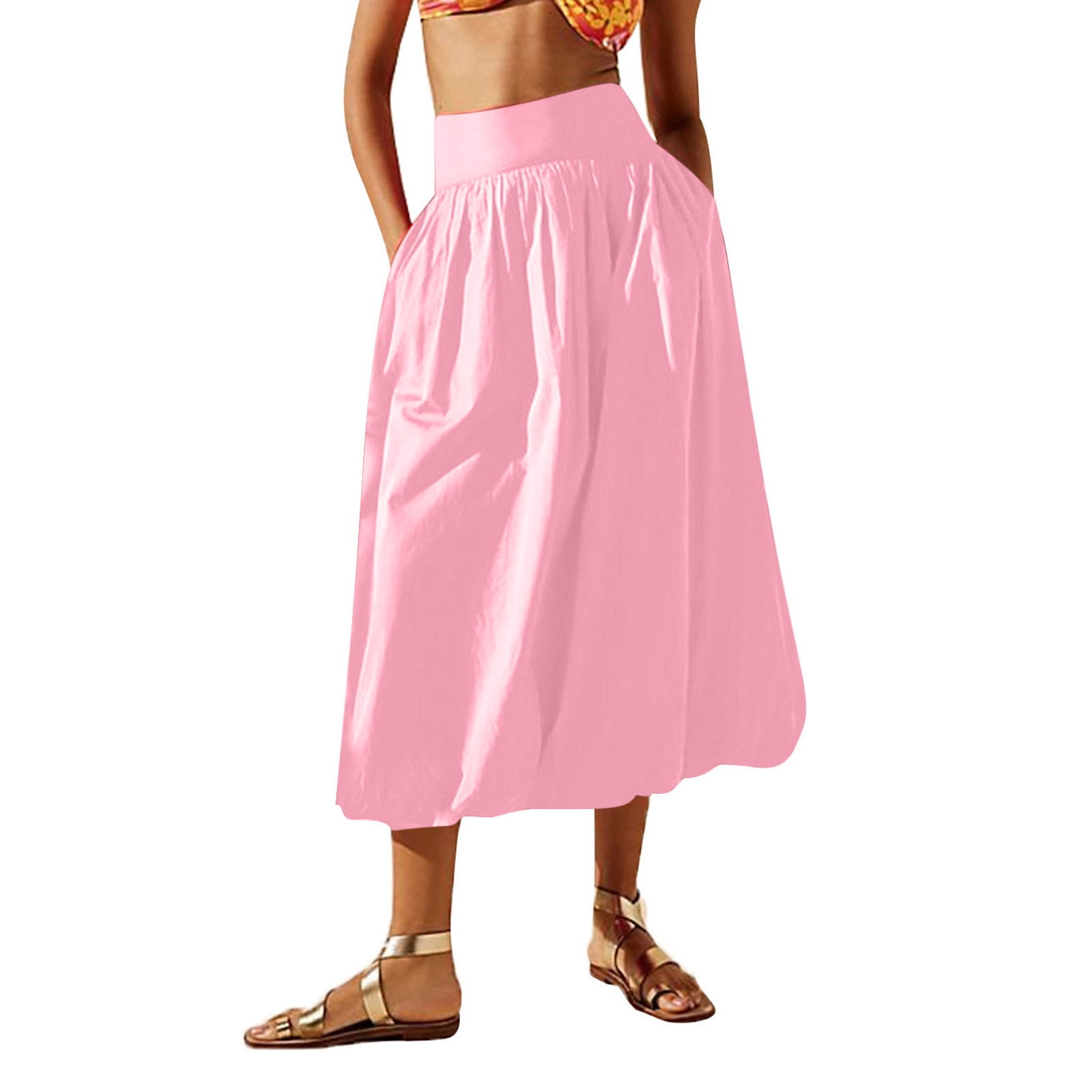 Women Bubble Maxi Skirt Summer Elastic High Waist a Line Long Skirt Casual Ruffle Pleated Midi Half Dress with Pockets M