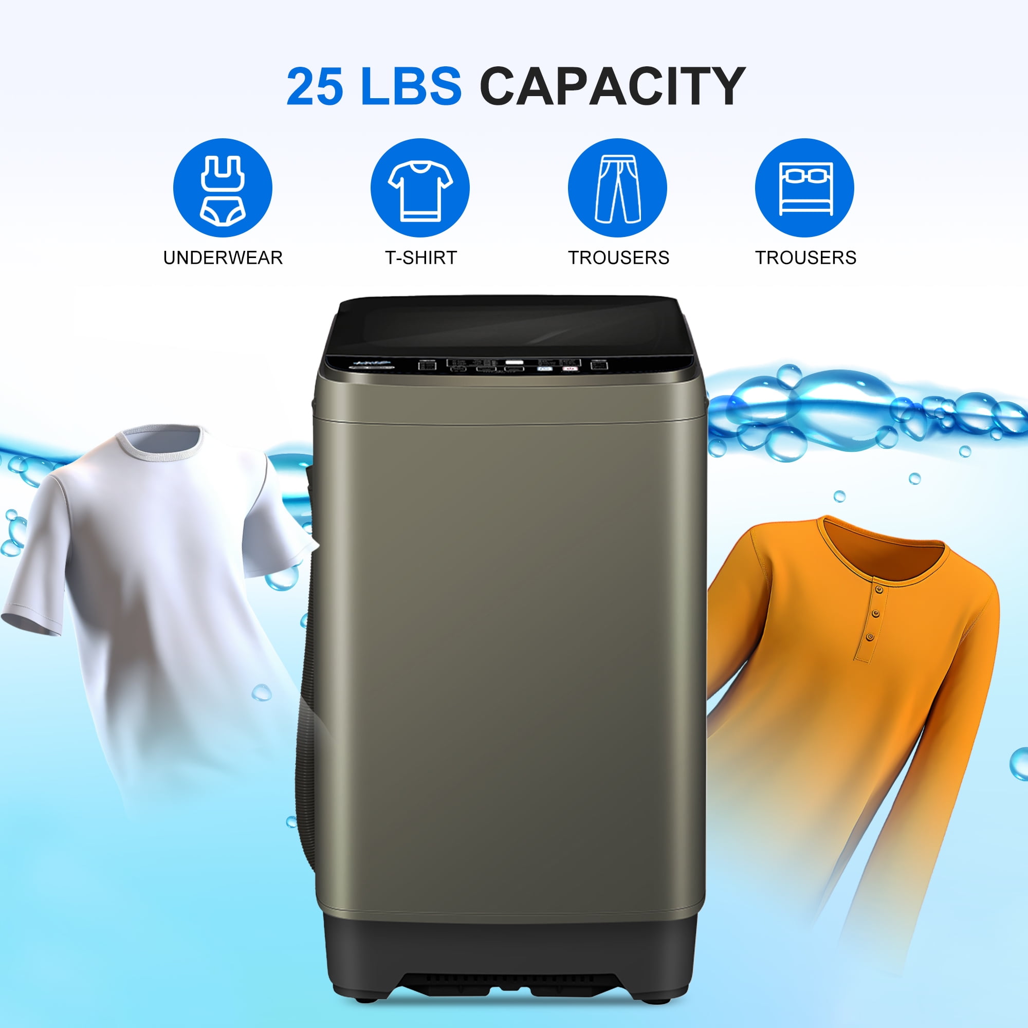 GGTB 25lbs Portable Washing Machine, Fully Automatic Washer with Stainless Steel Tub, 10 Wash Programs & 8 Water Levels, Large Capacity with Drain Pump for Apartment Home, Dorm, Gray