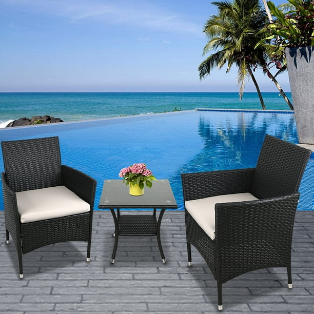 Patio Furniture Sets Clearance, 3 Piece Wicker Patio Set With Glass Dining Table, Modern Bistro