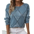 thumbnail image 3 of Womens Crew Neck Crochet Long Sleeve Hollow Out Knit Sweaters Fashion Loose Casual Sequin Pullover Pullovers Blue S, 3 of 9
