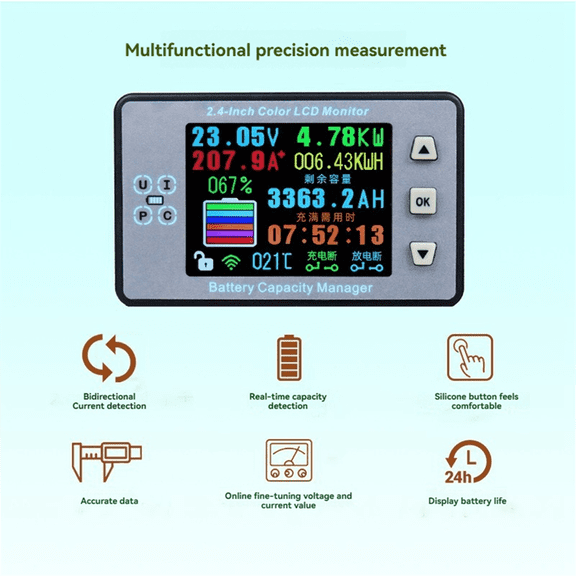 Wireless Bluetooth Coulometer Battery Capacity Tester Ammeter Voltmeter with 2.4inch Color Screen for Electric Car RV