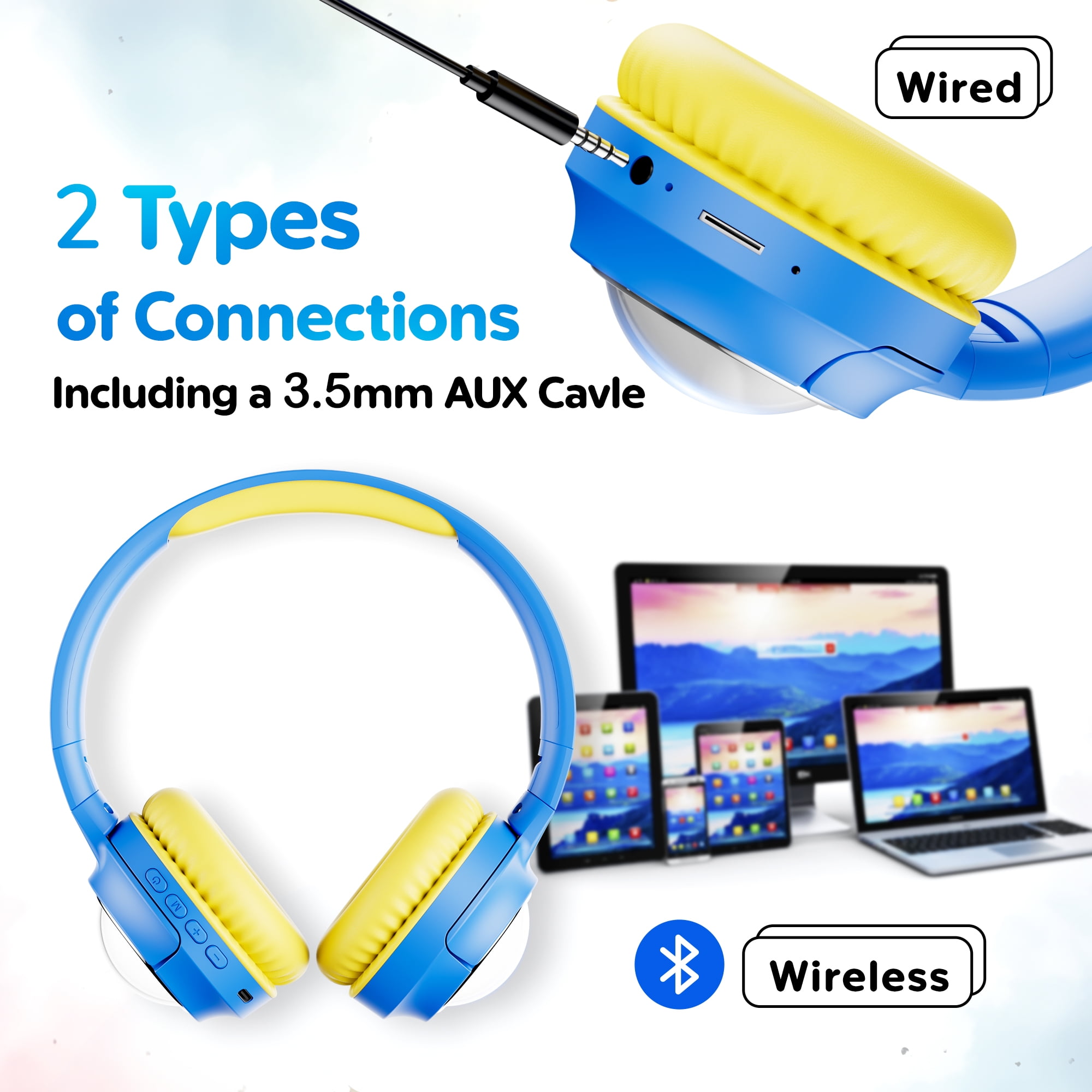 Contixo Foldable Kids Headphones with Microphone, Noise-Limiting Bluetooth Headphones, Blue
