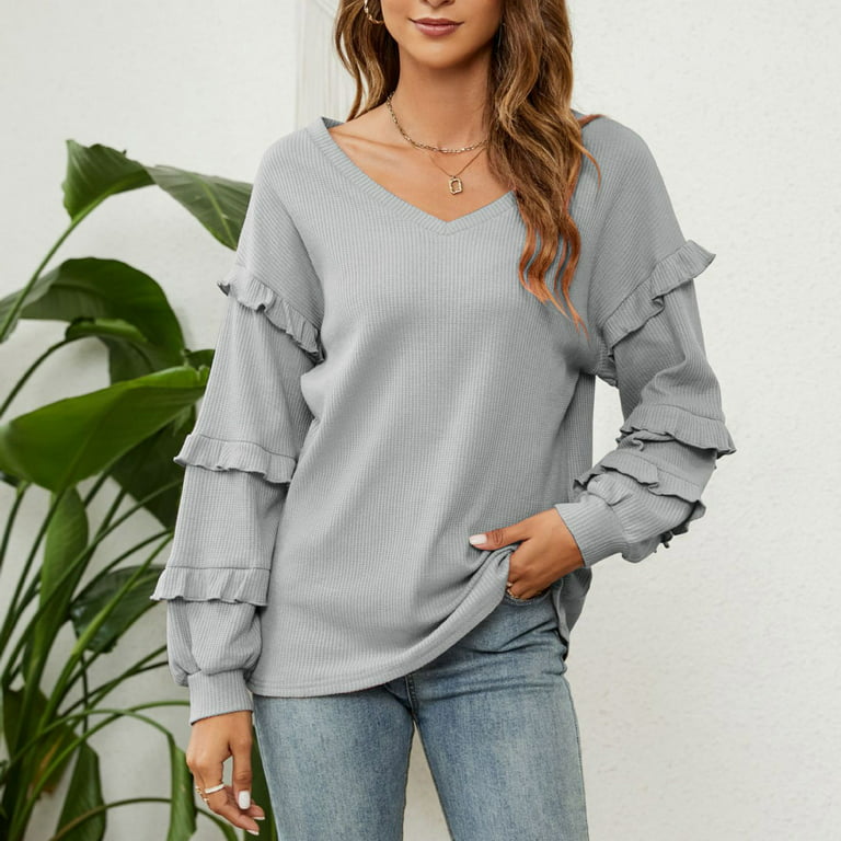 CYMMPU Off the Shoulder Tops for Women Fall Casual Long Sleeve V