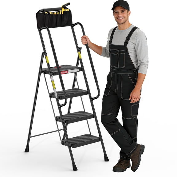 LevLad Folding 4 Step Ladder with Dual Handrails, Tool Bag & Anti-Slip Pedals, Stable Steel Step Stool for Seniors Home Use