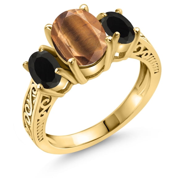 Gem Stone King 2.30 Ct Oval Brown Tiger Eye Black Onyx 18K Yellow Gold Plated Silver Ring (Size 8)