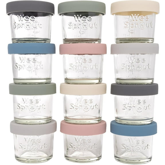WeeSprout Glass Baby Food Storage Jars w/ Silicone Lids (4 oz, 12 Pack, Matte Variety)