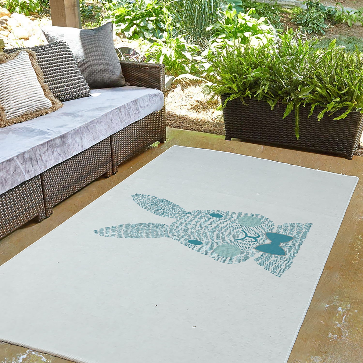 Simply Daisy 3' x 5' Explorer Blue Monochrome Bunny Easter Chenille Indoor/Outdoor Rug