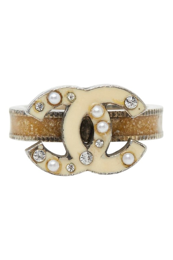 Pre-Owned Chanel Coco Mark Ring, 07A, Silver, White, Faux Pearl Rhinestone, Metal, Women's,...