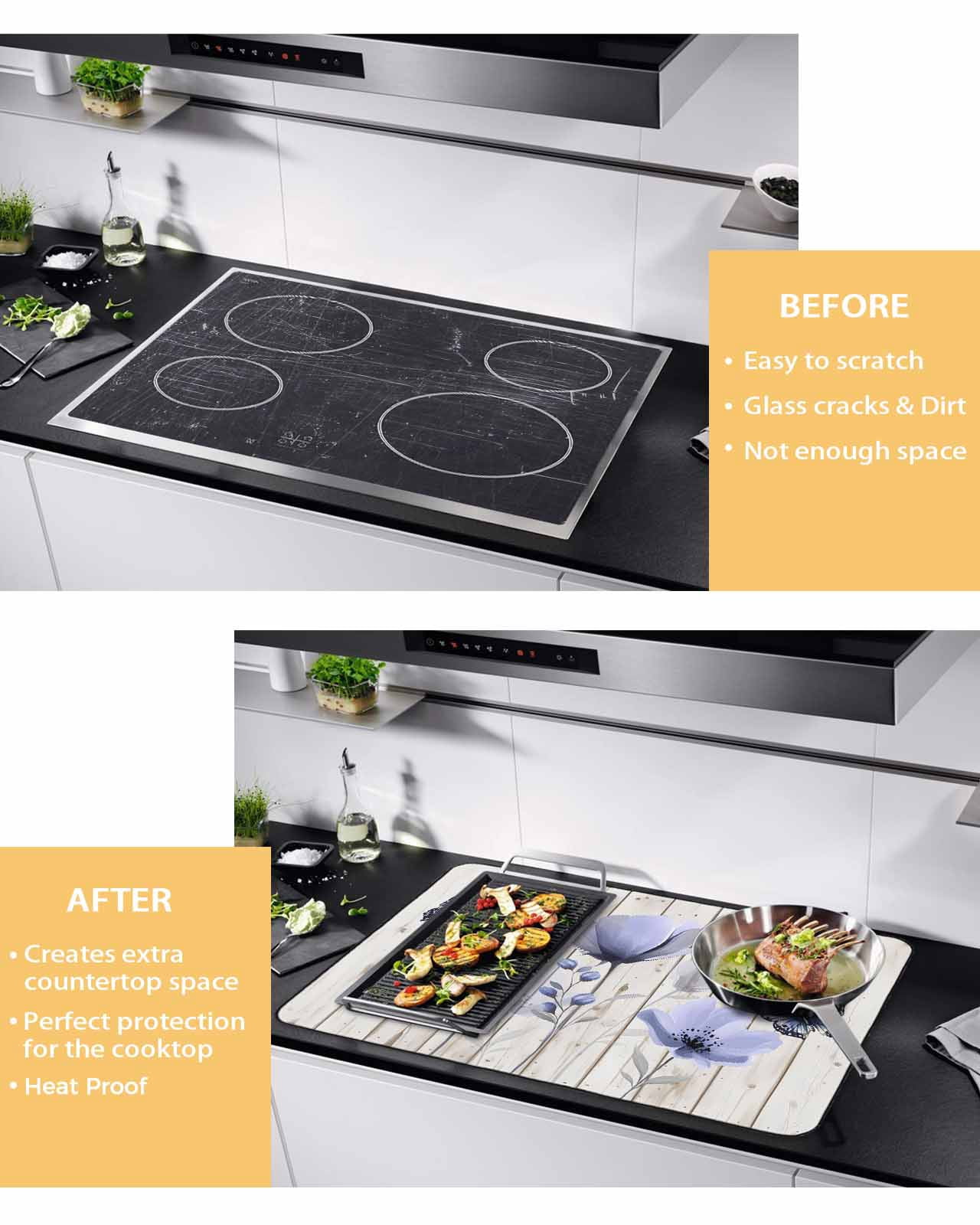 nqOlkjepod Large Induction Cooktop Protector Mat 36"x21", Purple Tulip Stove Top Covers for Electric Stove, Spring Flowers Butterfly Wooden Grain Stove Burner Cover Mats, Glass Top Stove Cover