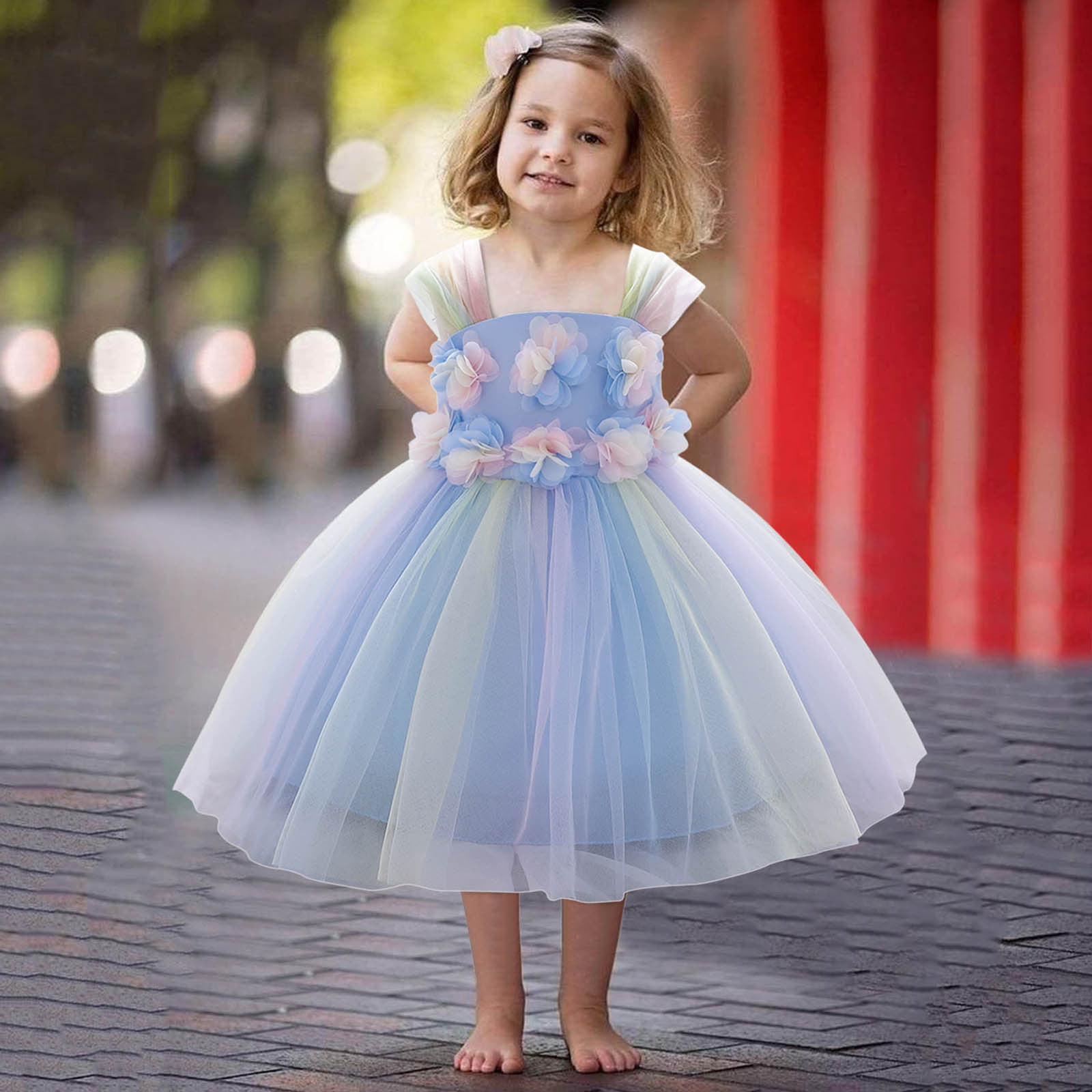 Baby Kids Girls Sleeveless Rainbow Print Princess Dress+Hats Set Outfits Clothes 