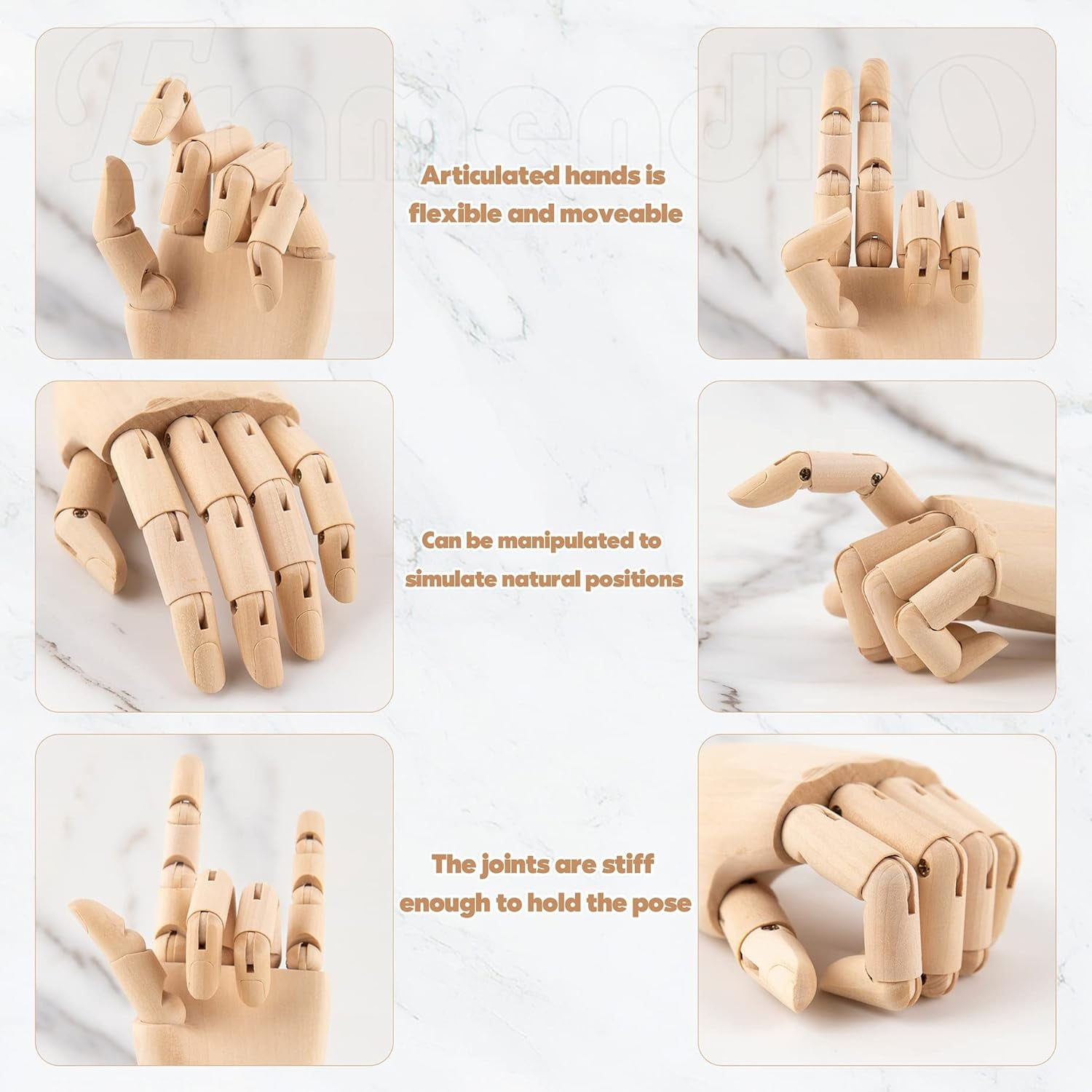 2-Pack 7-Inch Wooden Hand Model (Right+Left) - Flexible Artist Manikin for Sketching, Painting & Desk Decor