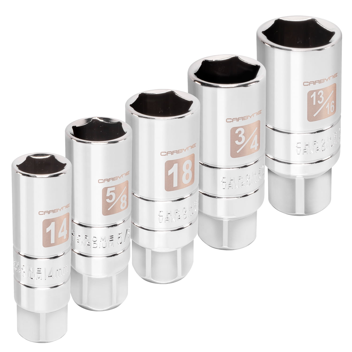 Carbyne 5-Piece Spark Plug Socket Set, 3/8 in. Drive, SAE and Metric, 5/8 3/4 13/16 in. 14mm 18mm, CrV Steel, 6 Point, Rubber Retaining Rings