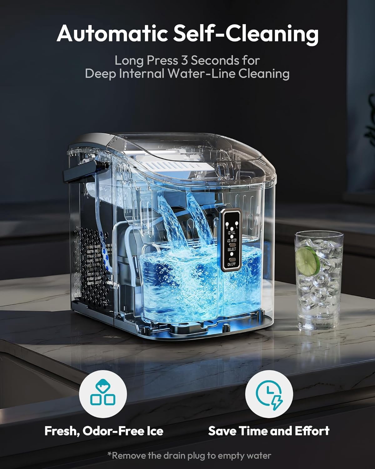 Portable Ice Maker Countertop with Self-Cleaning, 9 Cubes in 6 Mins, 26lbs/24H Capacity, Includes Basket and Scoop for Home and Office