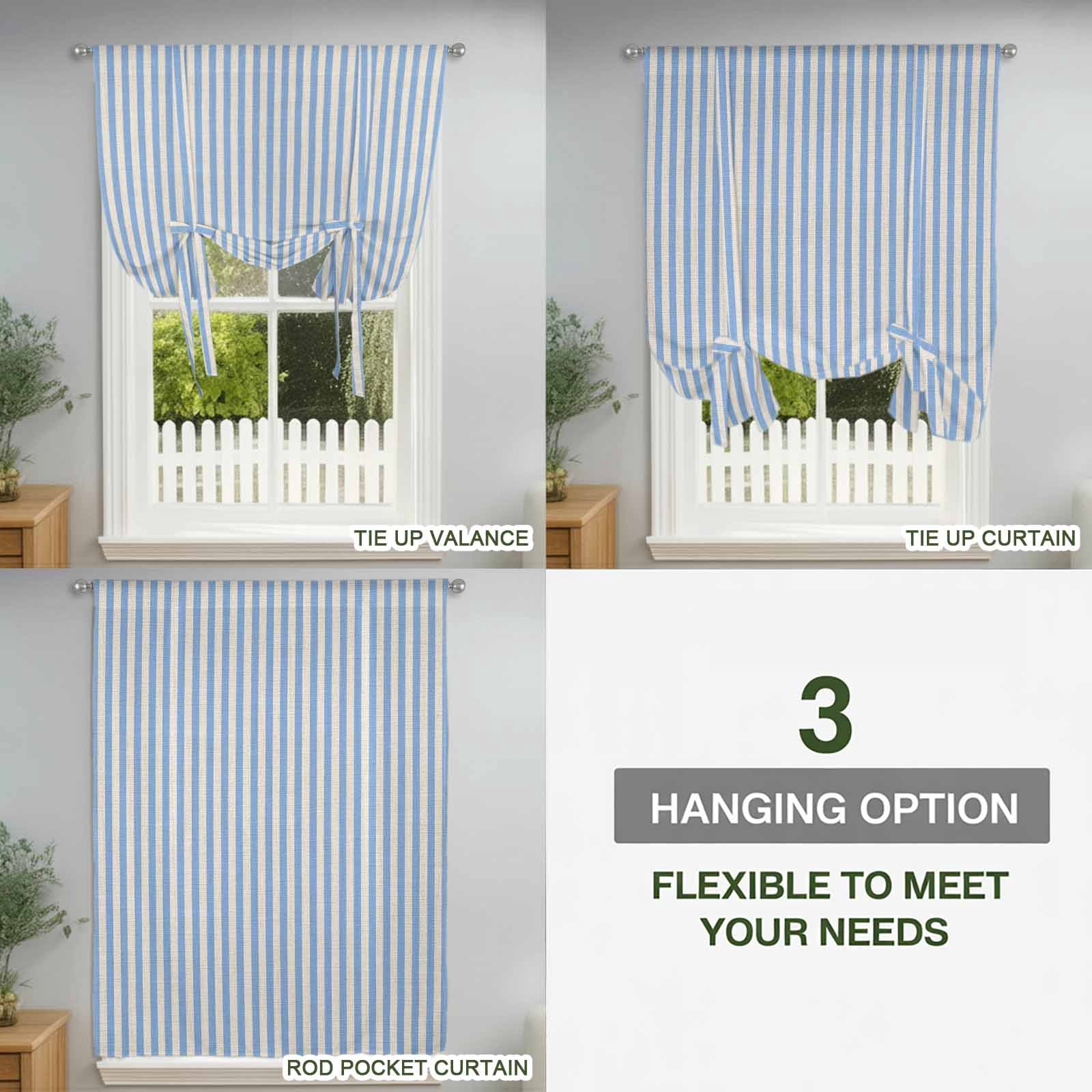 Simple White Striped Tie Up Curtain for Window, Blue Stripe Vintage Linen Texture Adjustable Tie Up Balloon Curtain Valances Rod Pocket Window Treatment for Kitchen Bathroom Bedroom 34"x45"