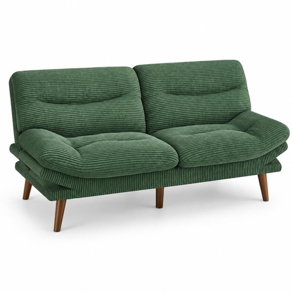 Convertible Corduroy Futon Sofa Bed, 66 Inch Space-Saving Couch with Adjustable Backrest and Armrests, Reclining Sleeper for Small Apartments, Office, Guest Room, Green