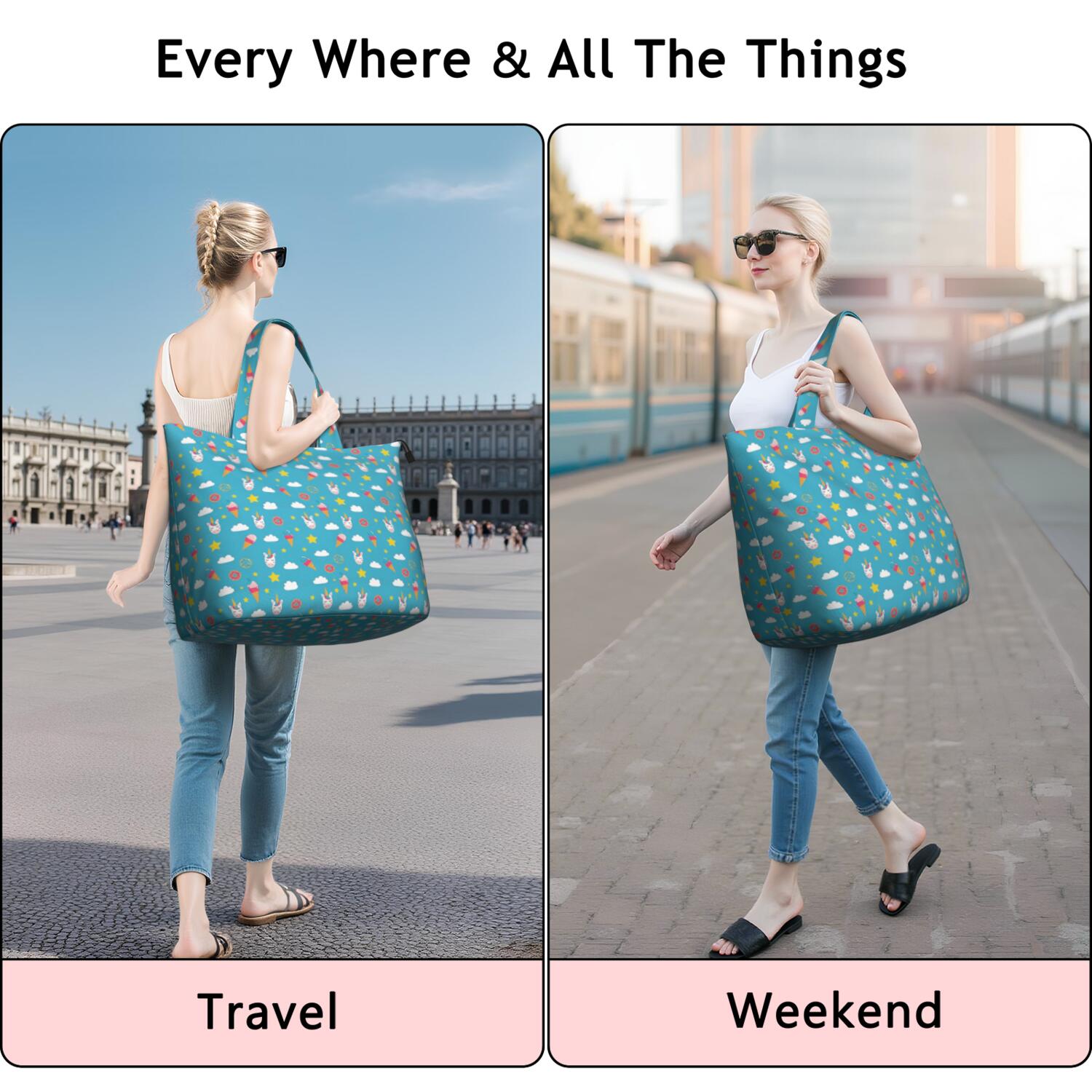 Blue Cartoon Unicorn Ice Cream Donut Star Cloud Travel Tote Bags for Women Carry On,Large Weekender Bags for Women Travel,Multi Functional Duffle Bag for Work,Shopping,Sports