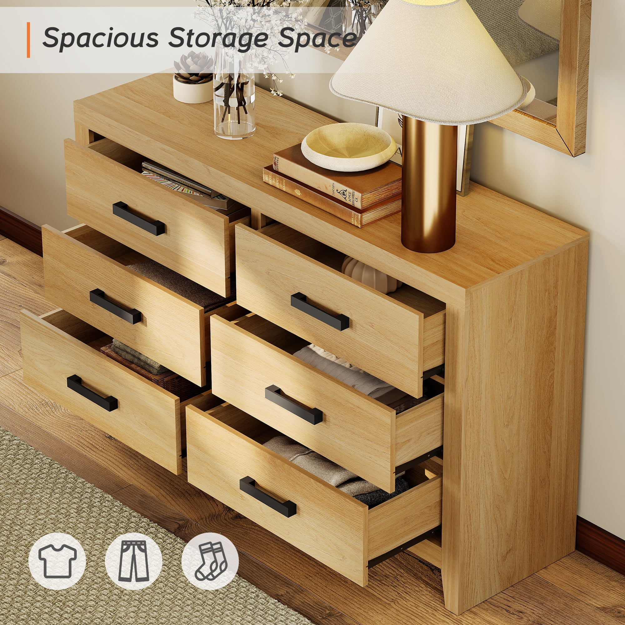 WAMPAT Farmhouse Dresser for Bedroom, 53 Inch Farmhouse Wood Storage Cabinet with 6 Drawers, Rustic Chest of Drawers for Living Room & Hallway