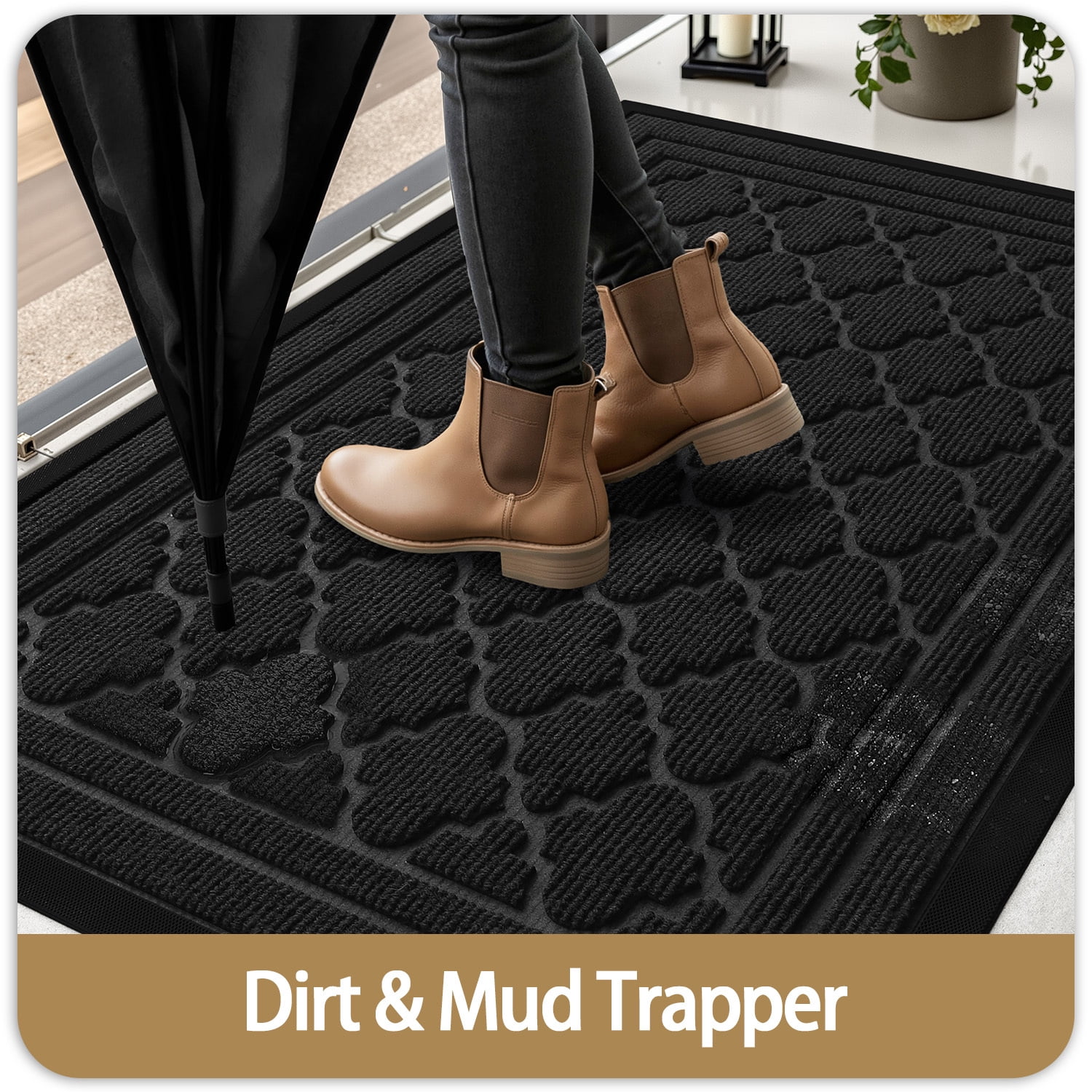 PABUBE Outdoor Doormat, Weatherproof Low Profile Outdoor Mat,Heavy Duty Non-Slip Welcome Mat, Dirt Trapper Washable Entry Rug for Front Doors Entryway,24"X36",Black