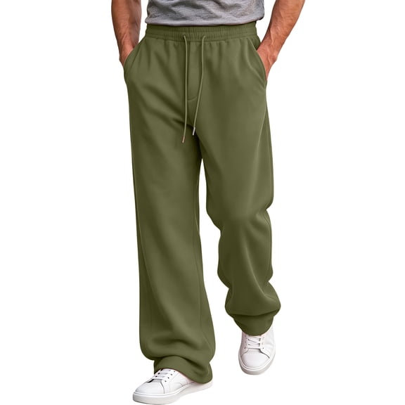 Rexolia Mens High Waist Brushed Fleece Sweatpants Open Bottom Loose Straight Drawstring Casual Army Green L