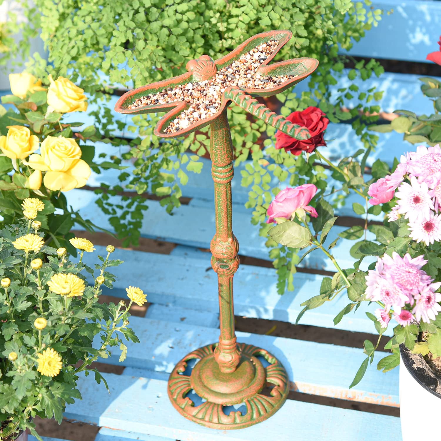 Sungmor Heavy Duty Cast Iron Small Bird Bath for Garden, Wild Bird Water Bath Food Holder, Outdoor Yard Standing Feeder with Vintage Special Color & Lovely Dragonfly Shape, Great Garden Ornament