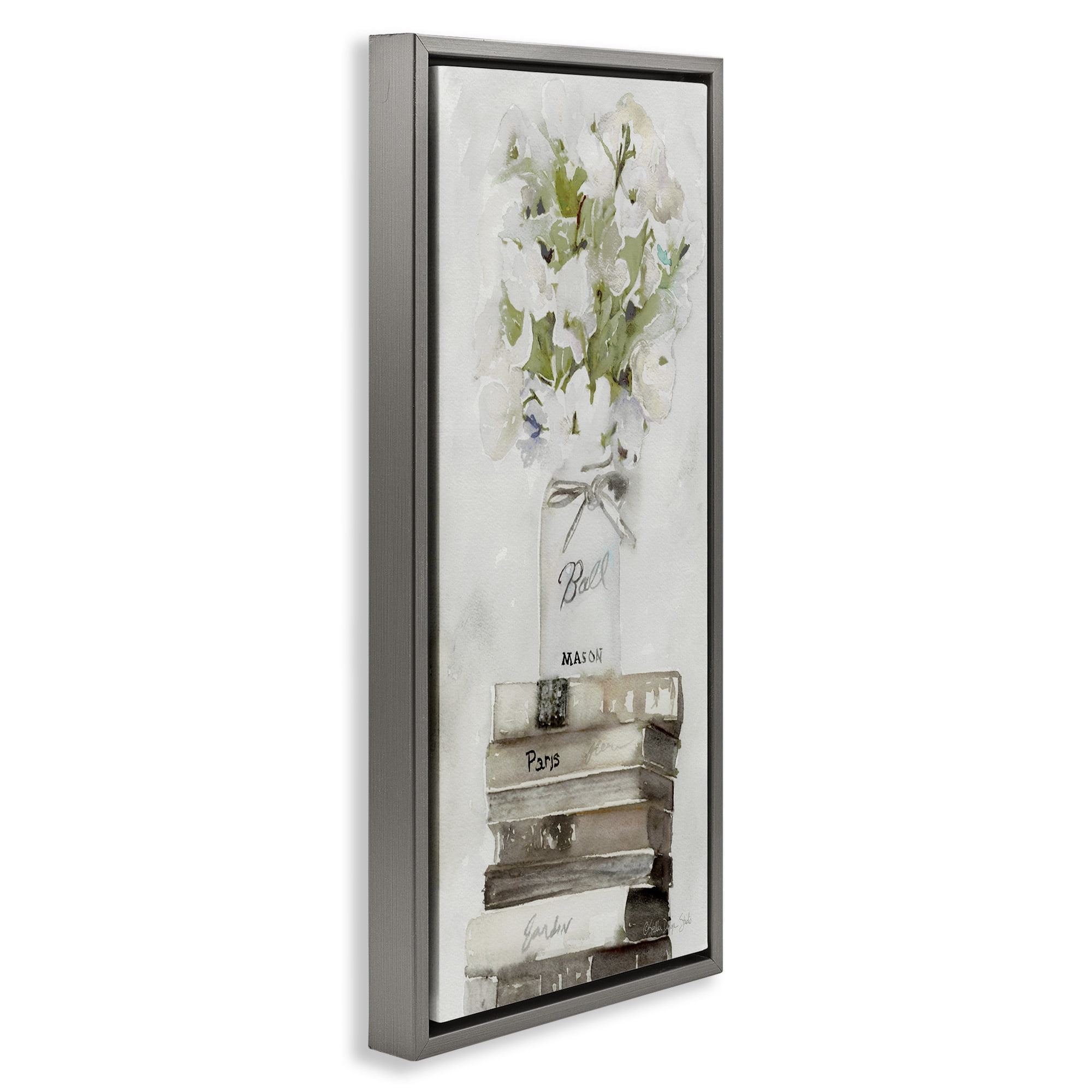 Stupell Industries White Florals on Distressed Books Botanical & Floral Painting Gray Floater Framed Canvas Art Print Wall Art, 11 x 25