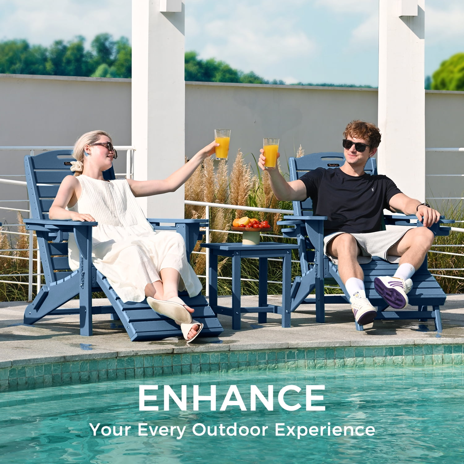 Folding Adirondack Chair with Ottoman Set of 2 HDPE Outdoor Chair Pull Out Footrest with 2 Cup Holders Garden Lawn Navy