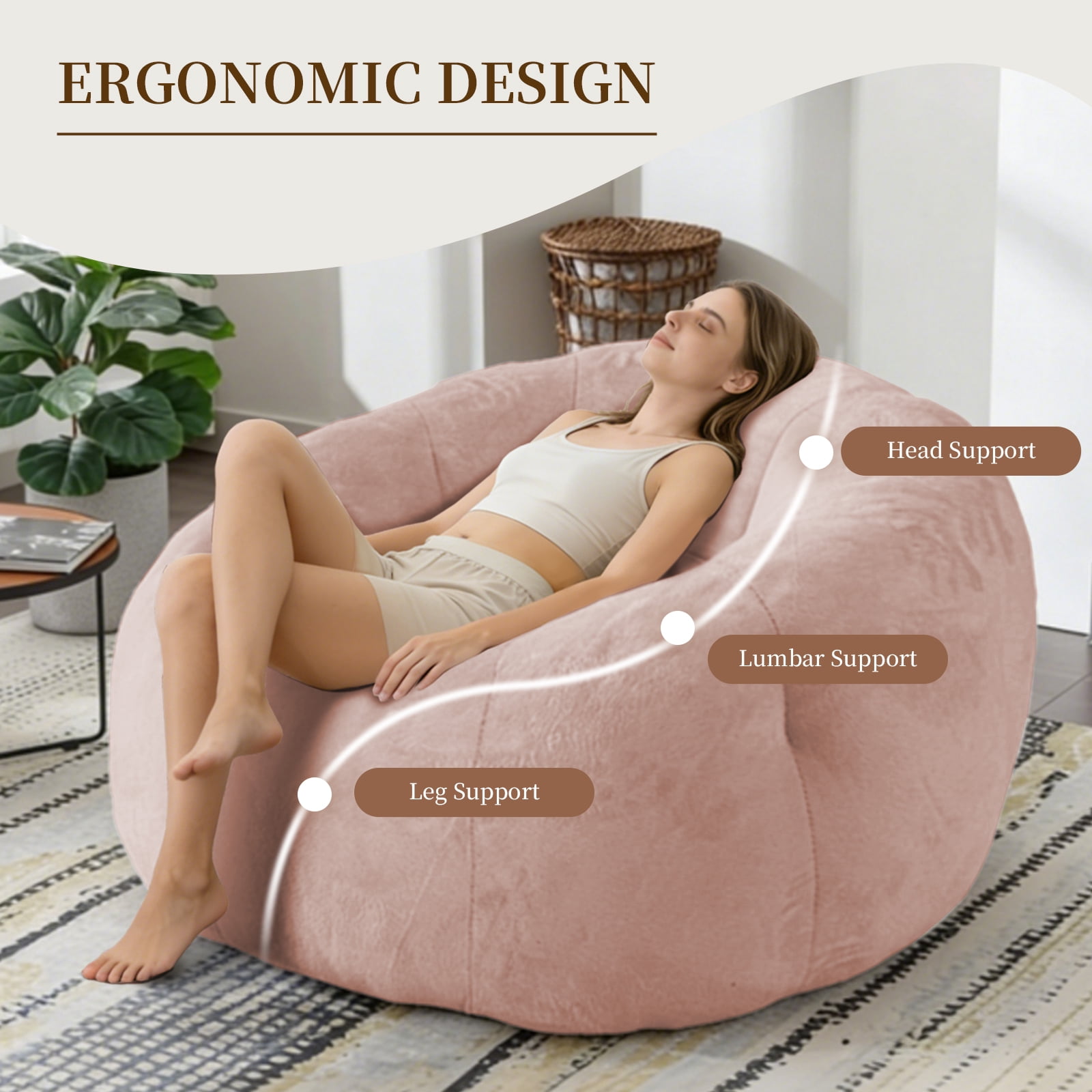MOONMISS Round Floral Bean Bag Chair Large Soft Body-Contouring Lounger for Living Room Bedroom,Pink