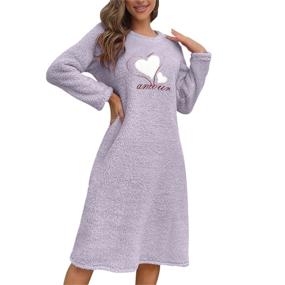 Fewfanhot Maxi Dresses for Women Heart Plush Thickened Nightdress Long Sleeve Crew Neck Loose Fit Pajama Dress Cozy Nightgown