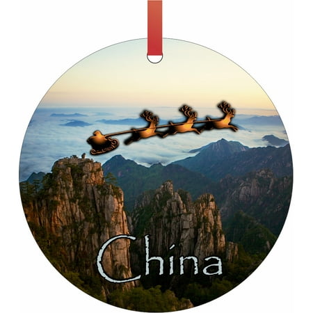 Santa and Sleigh Over The Great Wall of China - TM - Double-Sided Round-Shaped Flat Aluminum Christmas Holiday Hanging Ornament with a Red Satin Ribbon. Made in the USA!