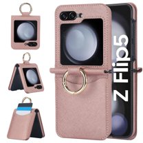 ELEHOLD for Samsung Galaxy Z Flip 6 Wallet Case,Anti-slip Cross Textured PU leather Card Holder Metal Ring Slim Shockproof Protective Cover for Women Men for Samsung Galaxy Z Flip 6,Rosegold