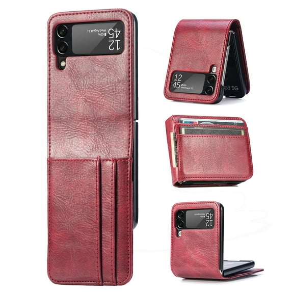 ELEHOLD Leather Wallet Case for Samsung Galaxy Z Flip 4 5G with Card Slots, Slim Thin Premium PU Leather Anti-Scratch Shockproof Protective Case for Men Women, Red