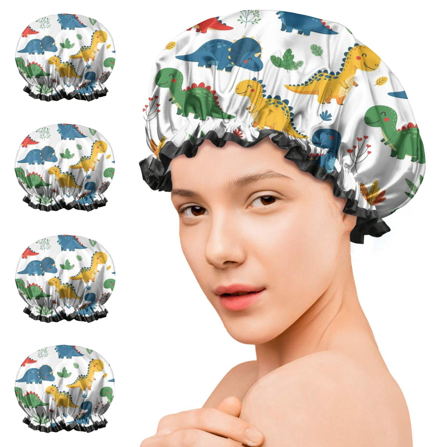 Shower Caps,Colorful Dinosaur and Leaf Pattern Waterproof Shower Cap for Women 4 Pieces,Double Reusable Hair Cover for Shower PEVA Elastic Stretch Hem