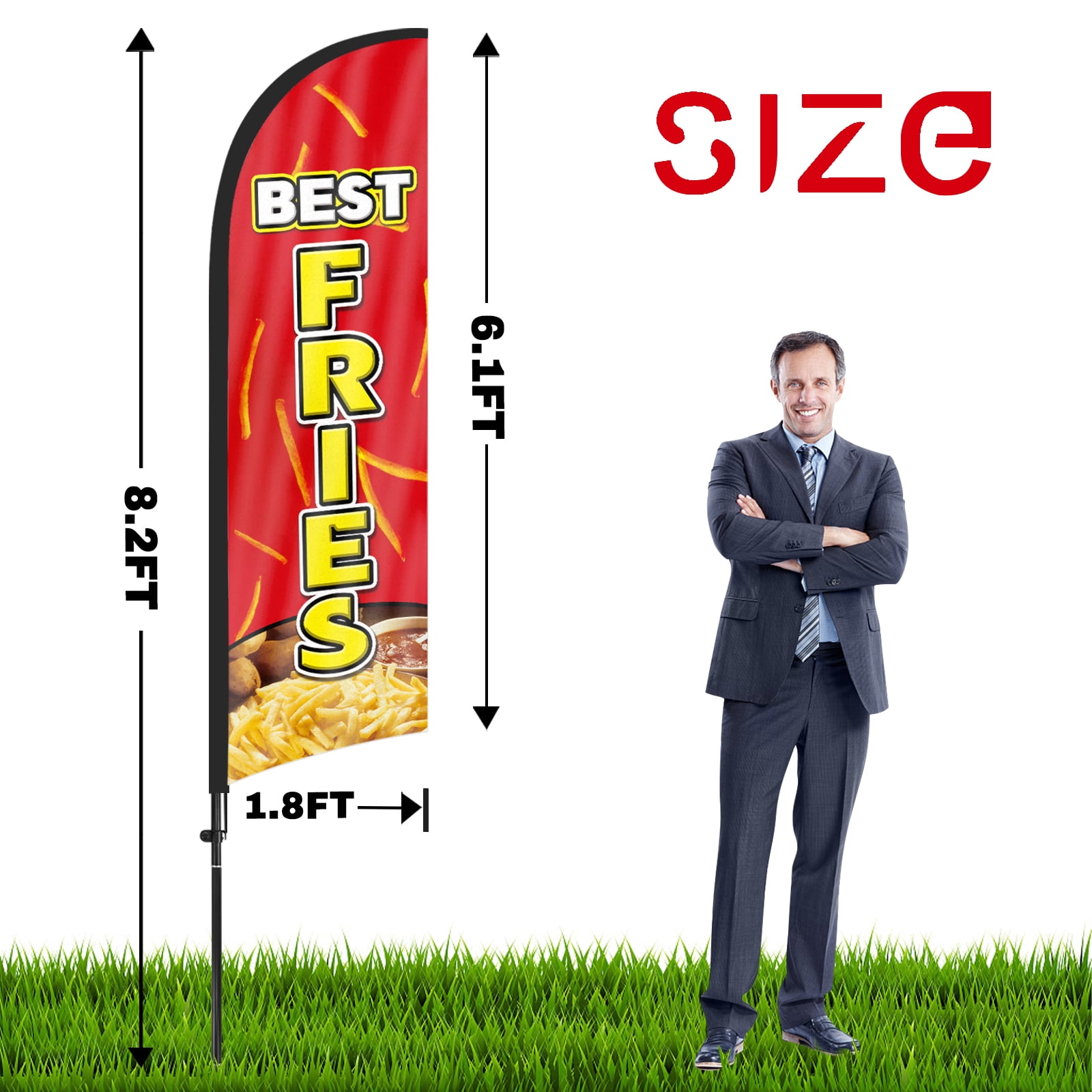 QSUM Fries Feather Flag with Flag Pole Kit and Ground Spike, 8.2FT Fries Windless Flag Banner Sign Business for Outdoor Advertising Sign Decoration Display