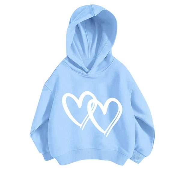 Curuila Kids Girls Boys Hoodies Hearts Print Long Sleeve Crew Neck Soft Pullover Casual Spring Autumn Sweatshirt Blue Size 5-6 Years